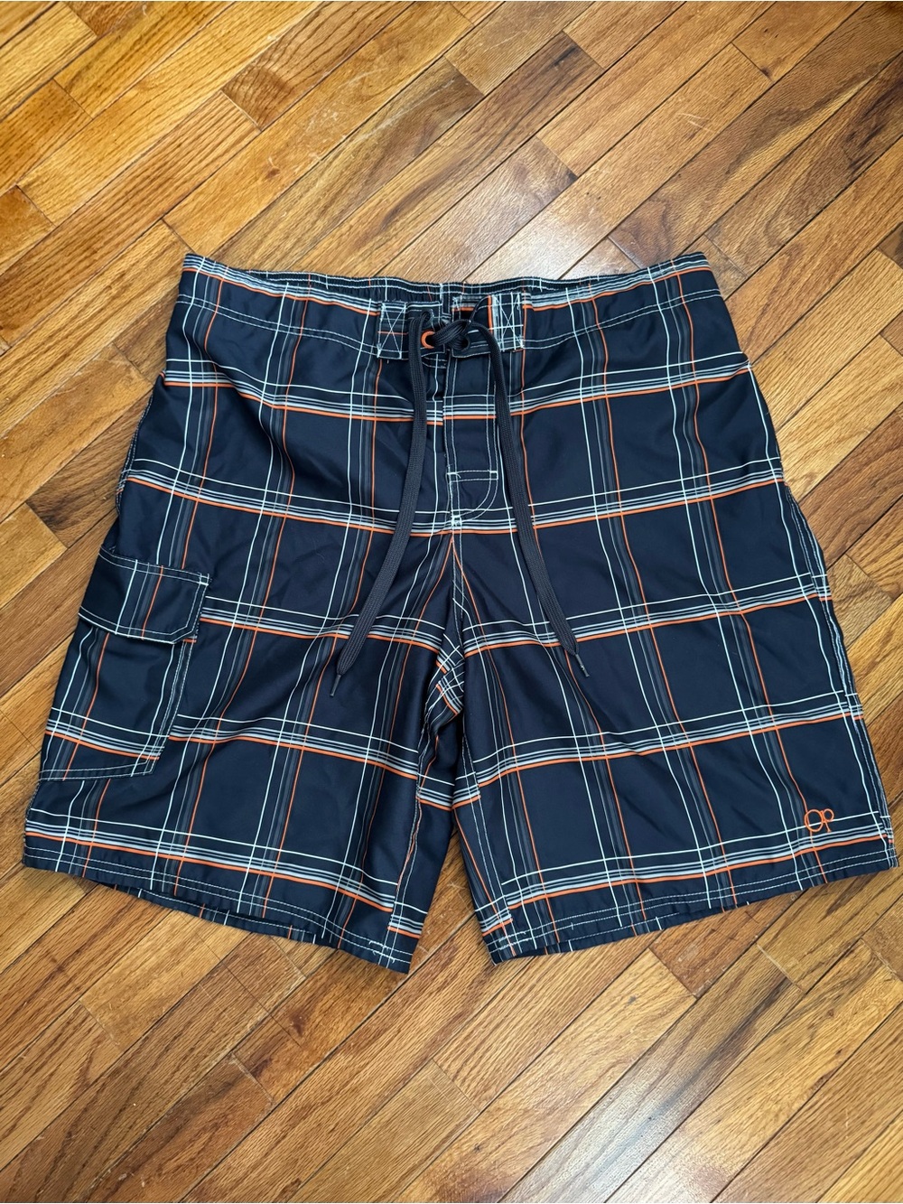 Op Men’s Grey Plaid Swim Trunks with Orange Accent, Large